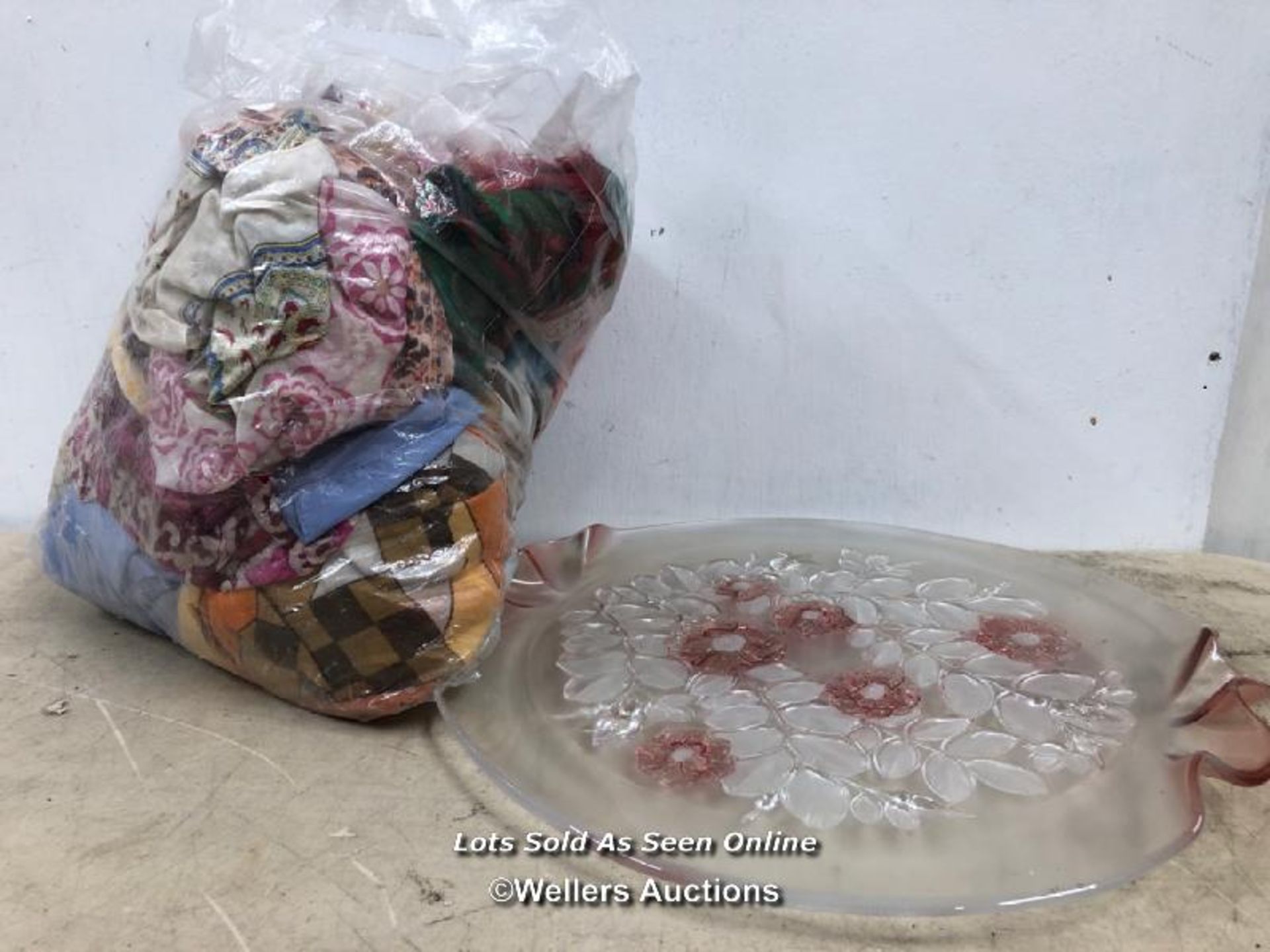 BAG OF SCARVES, ONE GLASS PLATE WITH FLORAL DESIGN