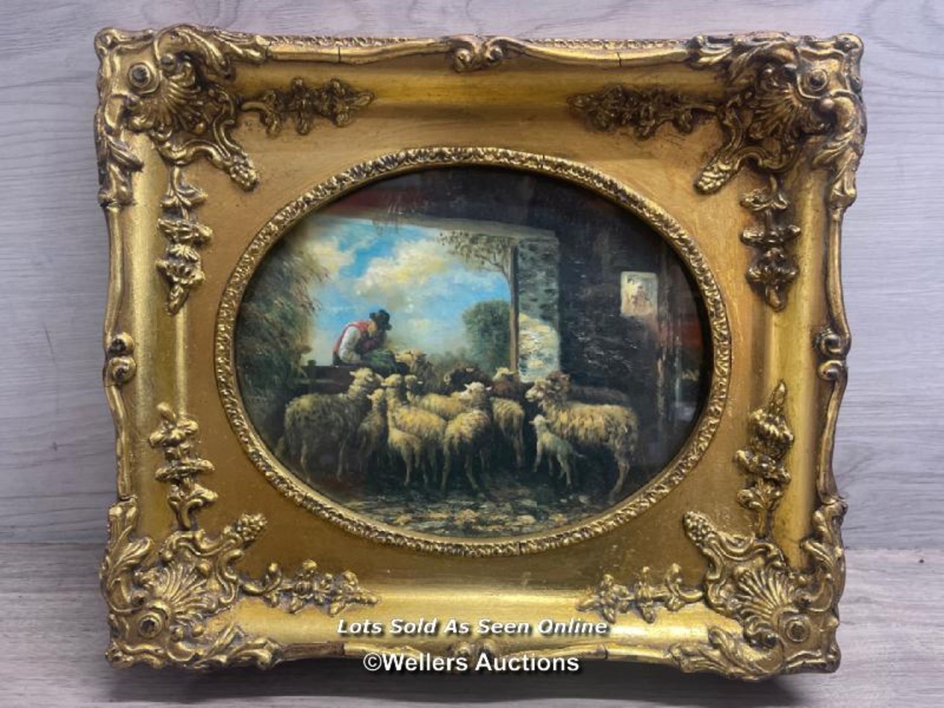 FRAMED VARISHED PRINT OF A FARMER AND SHEEP, 24 X 19CM