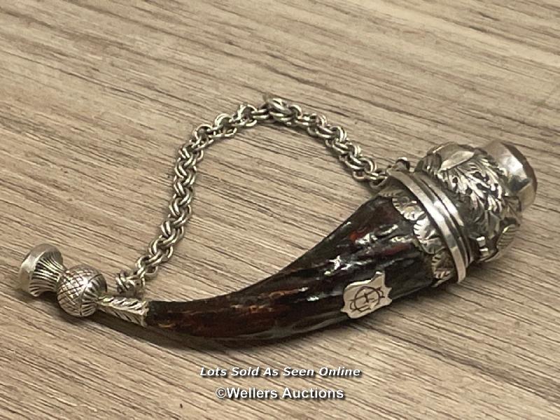 *VICTORIAN 19THC SCOTTISH SILVER CAIRNGORM CITRINE HORN THISTLE SNUFF MULL C1875, 7CM LONG