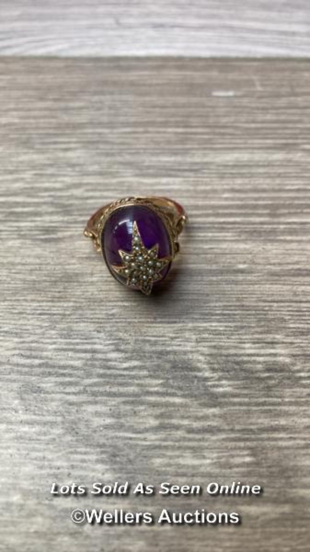 *BEAUTIFUL VINTAGE 9 CT GOLD CABOCHON AMETHYST SEED PEARL STAR RING C1974 - Bild 3 aus 7