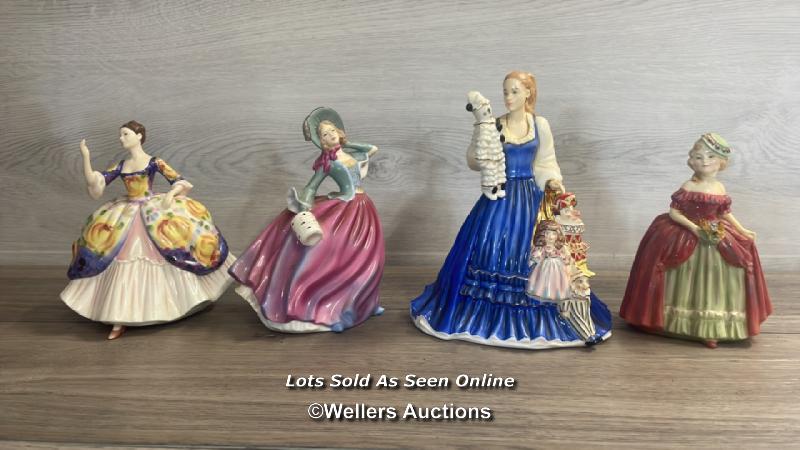 FOUR ROYAL DOULTON FIGURINES - CHRISTINE, AUTUMN BREEZE, THE PUPPETEER AND DAINTLY MAY NO.793086