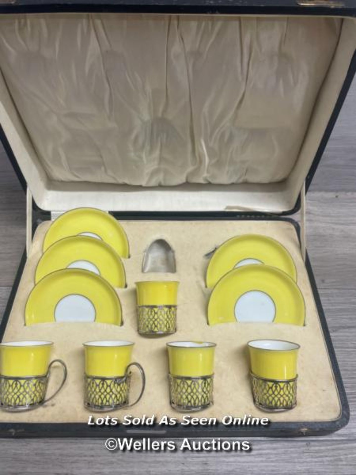 PART YELLOW COFFEE SET WITH HALLMARKED SILVER CUP HOLDERS