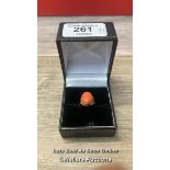 *ANTIQUE BEAUTIFUL CORAL CABOCHON RICH YELLOW GOLD RING SIZE N 3.9G