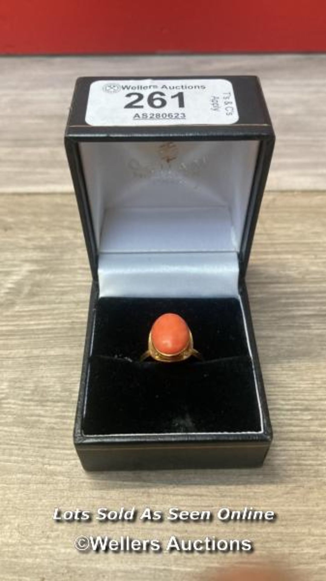 *ANTIQUE BEAUTIFUL CORAL CABOCHON RICH YELLOW GOLD RING SIZE N 3.9G