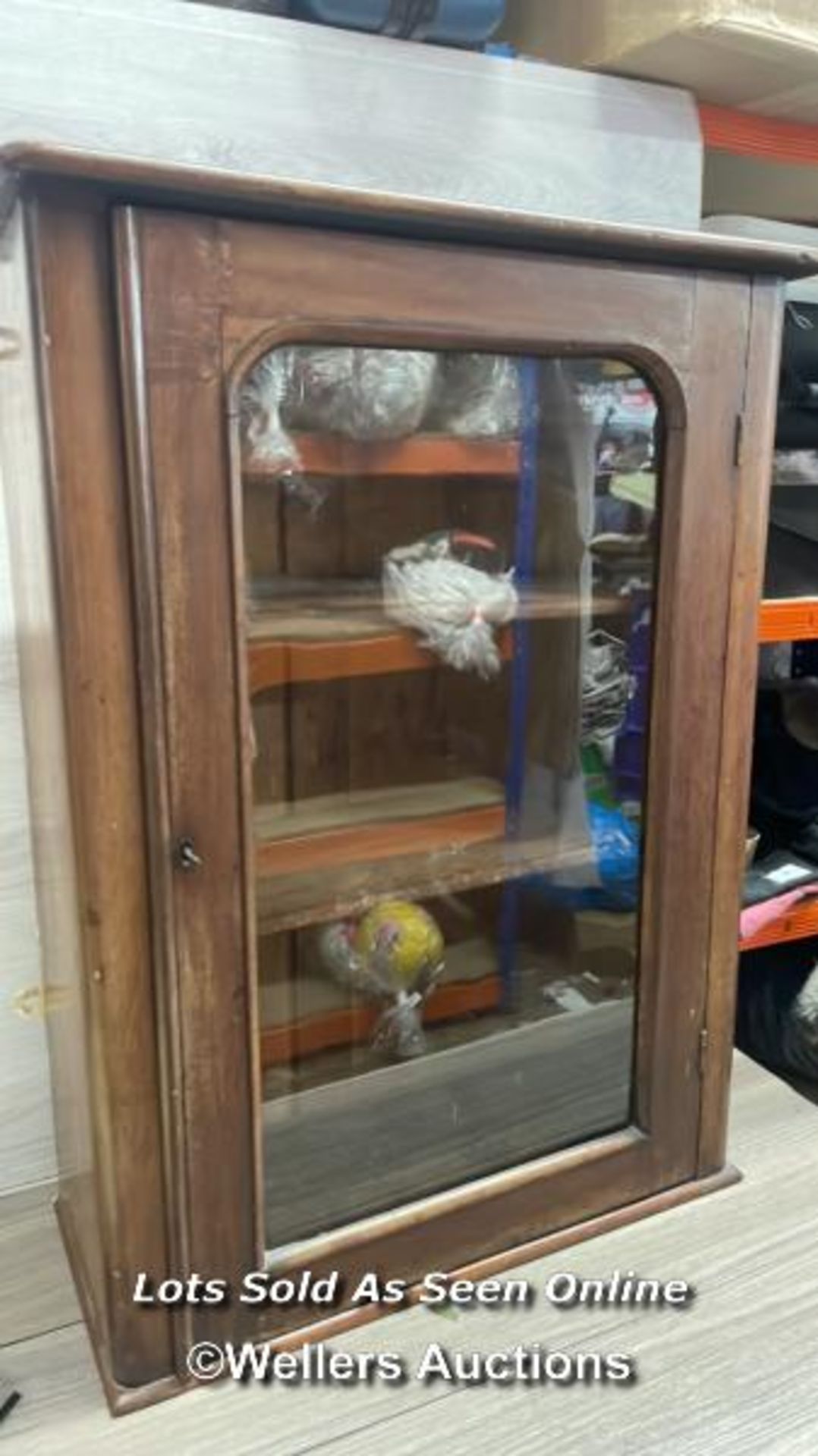 VICTORIANWALL HANGING DISPLAY CABINET WITH ORIGINAL GLASS AND WORKING LOCK & KEY, 60 X 83 X 27CM