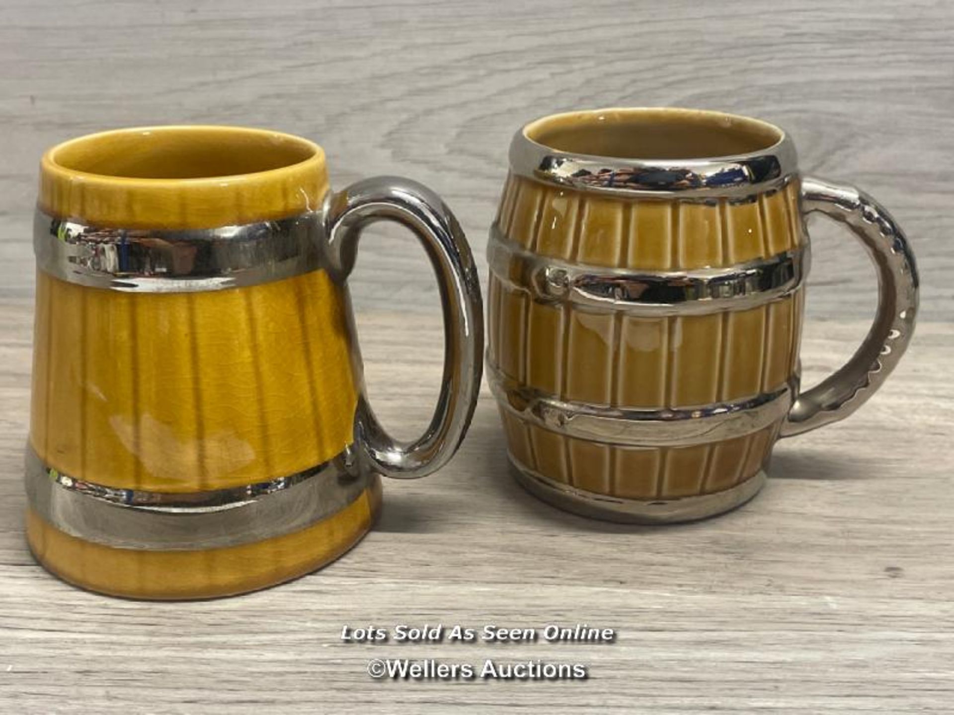 TWO WADE BARREL TANKARDS WITH SILVERED DECORATION, BOTH IN GOOD CONDITION, C1960