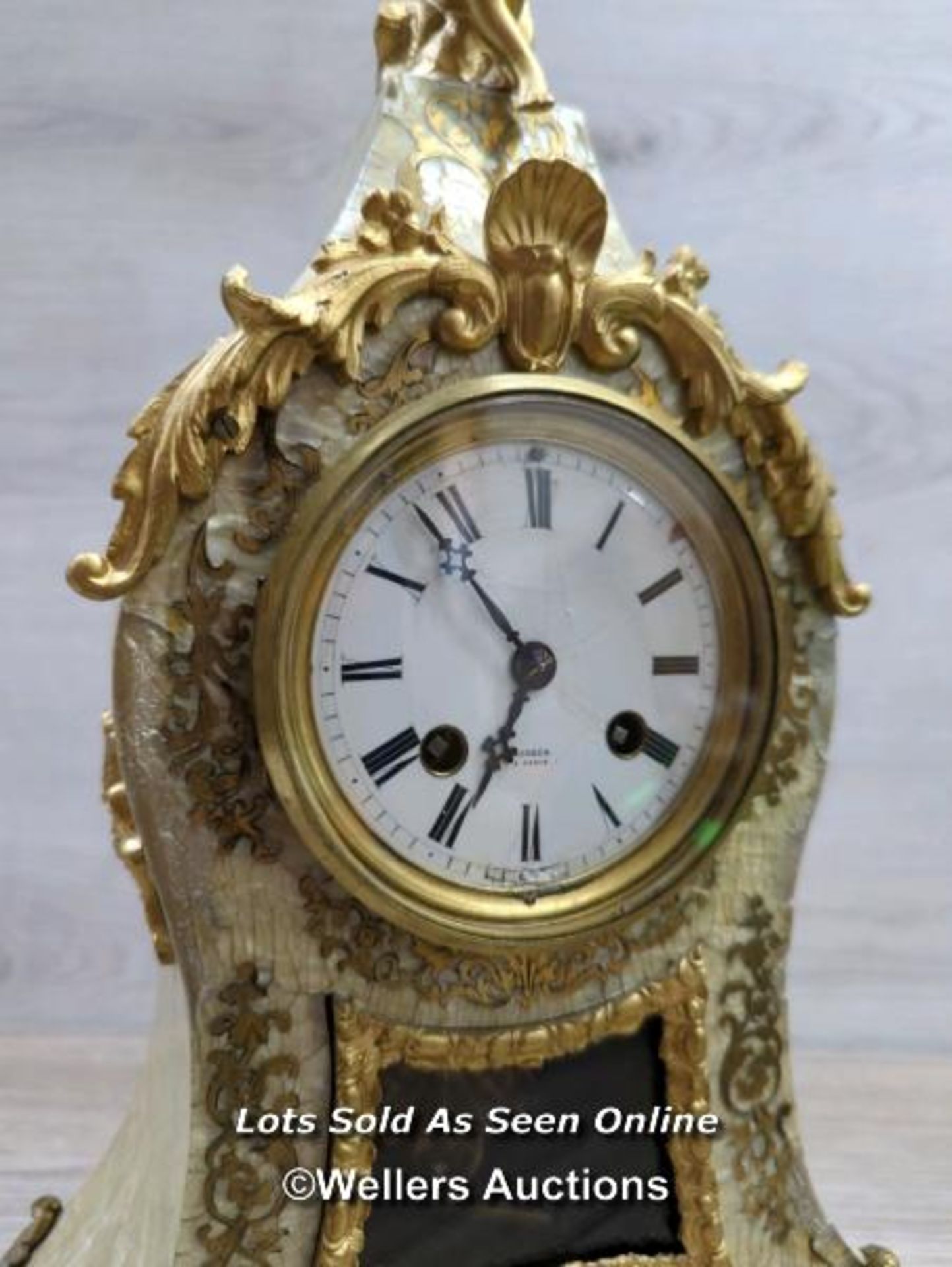 *ANTIQUE FRENCH BOULLE CLOCK RARE MOTHER OF PEARL BERGER PARIS / WITH KEY - Image 10 of 16
