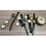 ASSORTED AS FOUND WATCHES AND BRASS BATTERY POWERED CLOCK