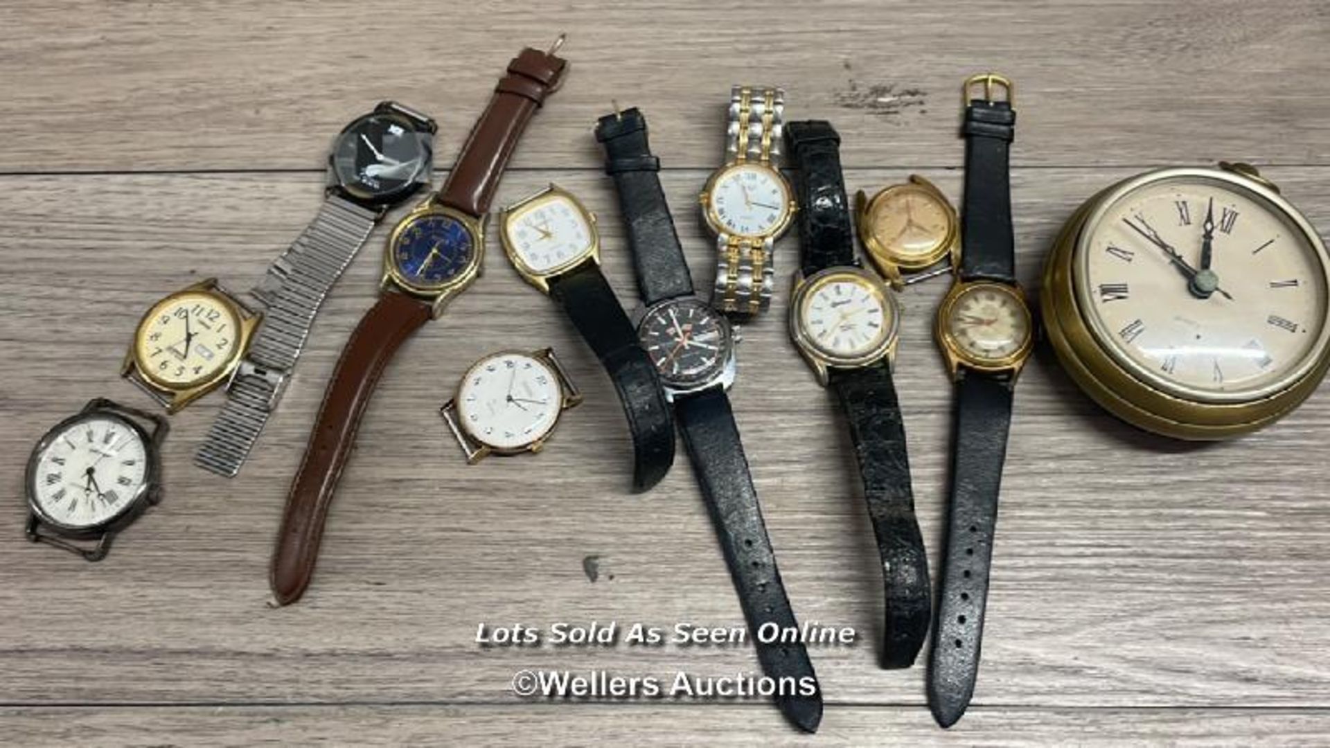 ASSORTED AS FOUND WATCHES AND BRASS BATTERY POWERED CLOCK