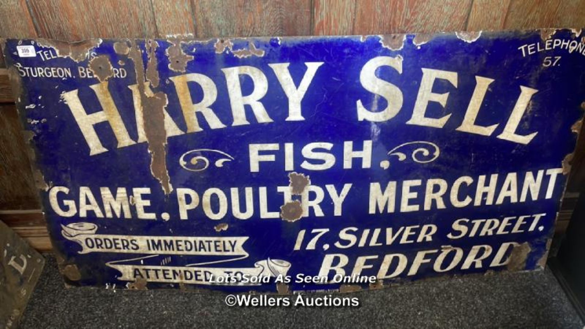 VINTAGE METAL SIGN " HARRY SELL, FISH, GAME, POULTRY MERCHANT" , 122 X 62CM