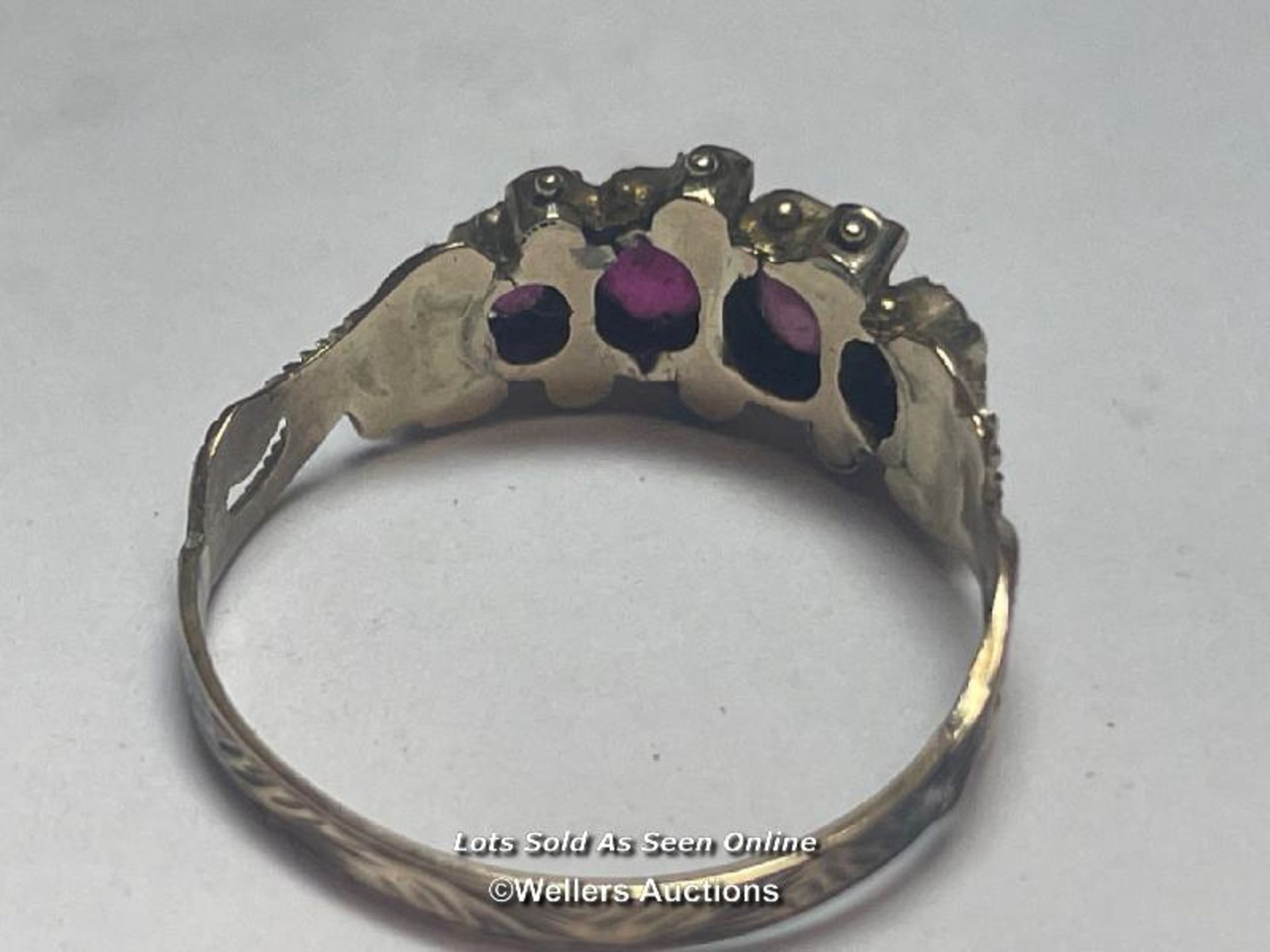 *VICTORIAN 9CT GOLD GARNET SEED PEARL RING SIZE N c1872 - Image 2 of 3