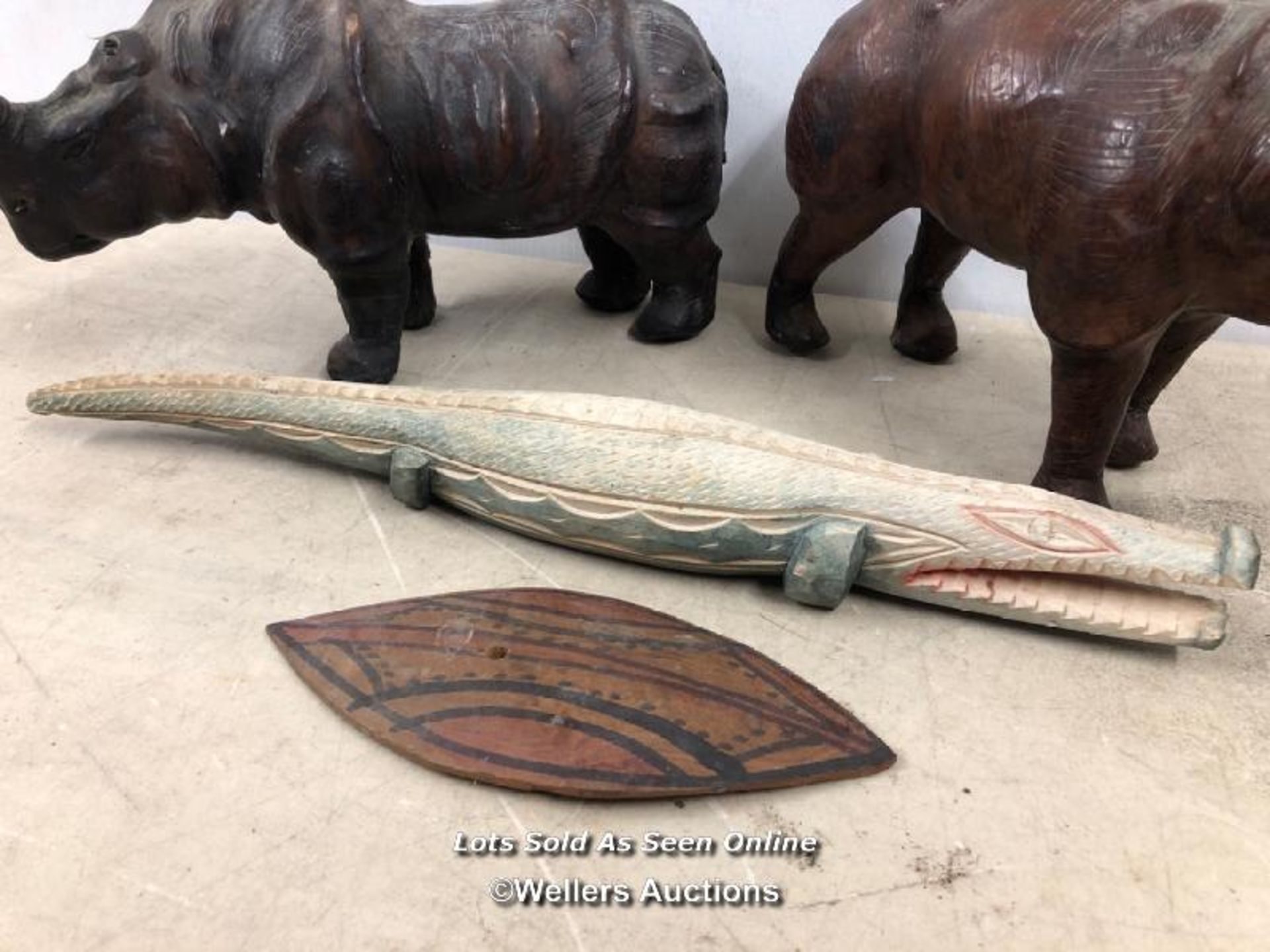 LEATHER STRETCHED RHINO & HIPPO, WITH HAND CARVED CROCODILE AND SHIELD, RHINO & HIPPO 30CM (L) X - Image 4 of 4