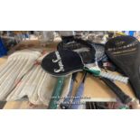 ASSORTED SPORTS EQUIPMENT INCLUDING CRICKET PADS, TENNIS RACKETS AND SQUASH RACKETS