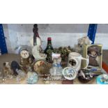 ASSORTED BRIC-A-BRAC INCLUDING DOLLS, BOTTLES, CLOCK AND ELEPHANTS