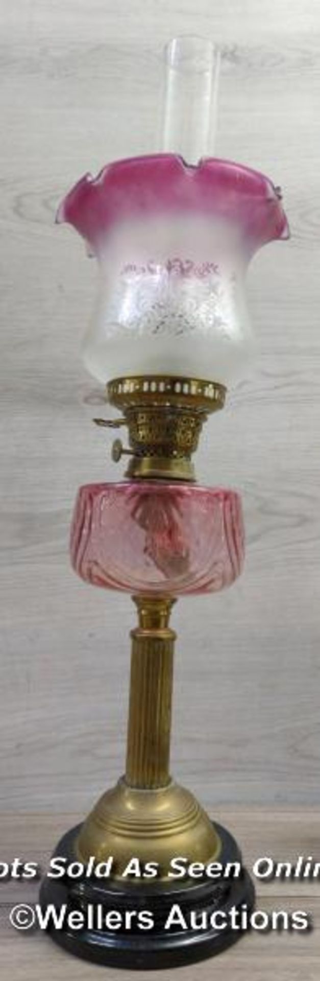 *ANTIQUE CRANBERRY GLASS OIL LAMP CORINTHIAN BRASS COLUMN FLUTED SHADE - Image 8 of 8