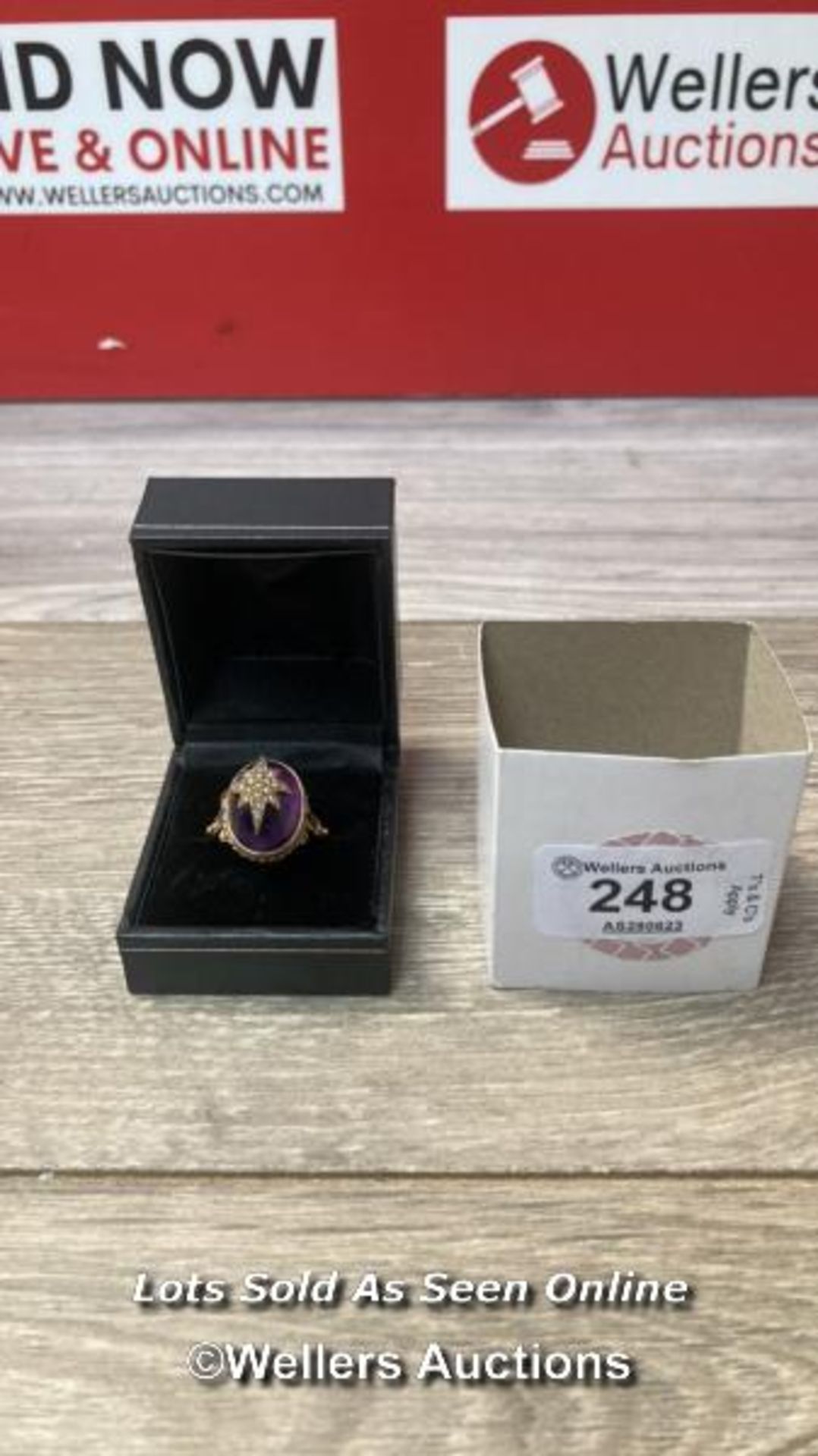 *BEAUTIFUL VINTAGE 9 CT GOLD CABOCHON AMETHYST SEED PEARL STAR RING C1974