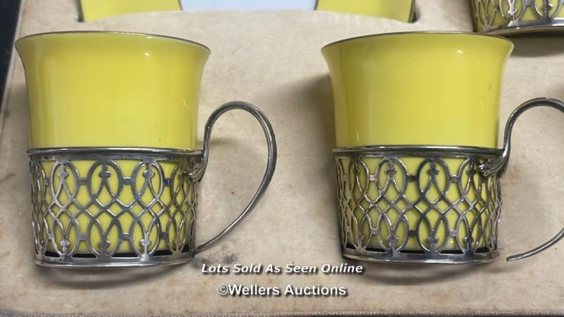 PART YELLOW COFFEE SET WITH HALLMARKED SILVER CUP HOLDERS - Image 2 of 9