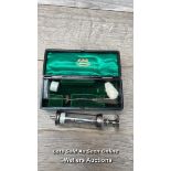 *ANTIQUE ARNOLD & SONS EARLY GLASS AND WHITE METAL VETERINARY SYRINGE CASED BOXED