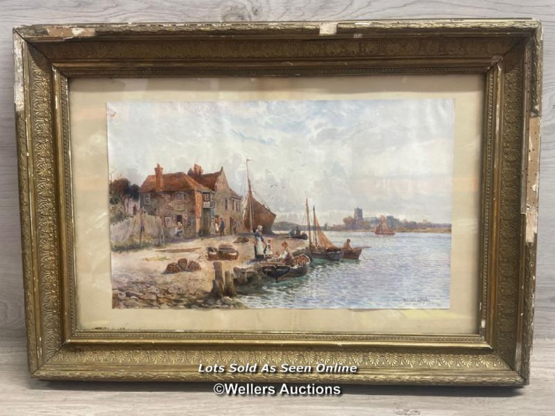 VINTAGE STUART LLOYD PRINT OF A HARBOUR SCENE IN A LARGE OLD FRAME, 45 X 28CM