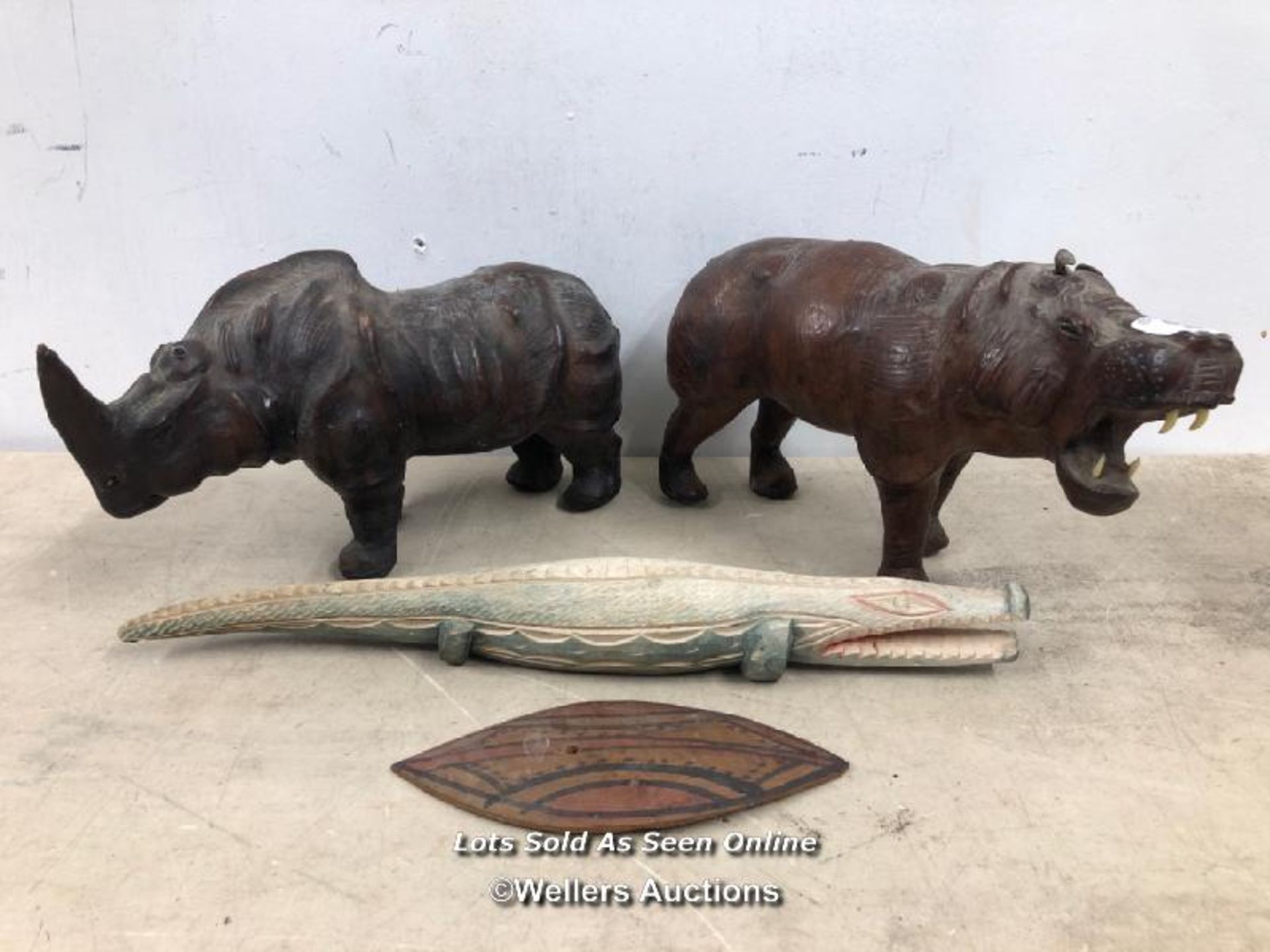 LEATHER STRETCHED RHINO & HIPPO, WITH HAND CARVED CROCODILE AND SHIELD, RHINO & HIPPO 30CM (L) X
