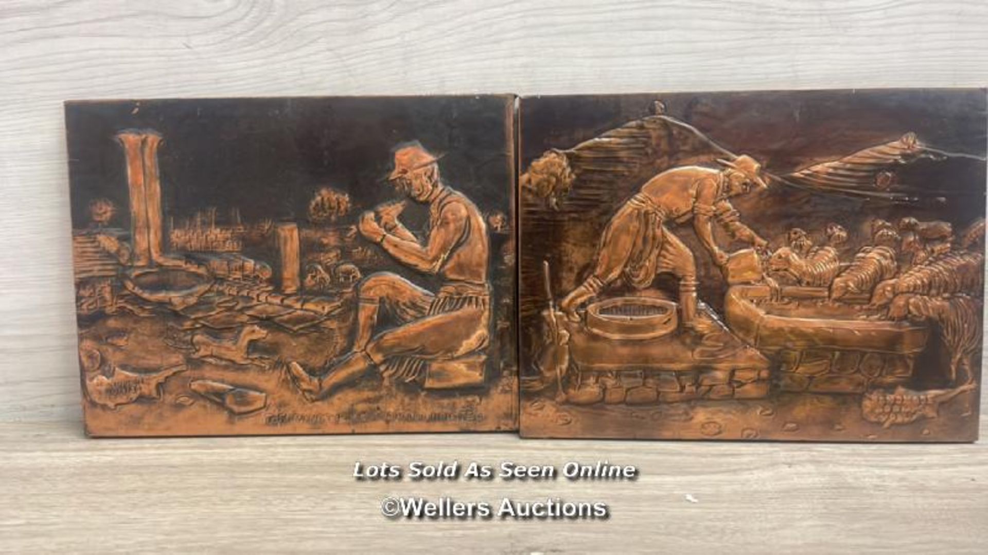 TWO COPPER REPOUSSE PICTURES, FROM CYPRUS ONE ENTITLED "THE SANCTUARY OF APOLLO HYTLATES ", 12" X 9"