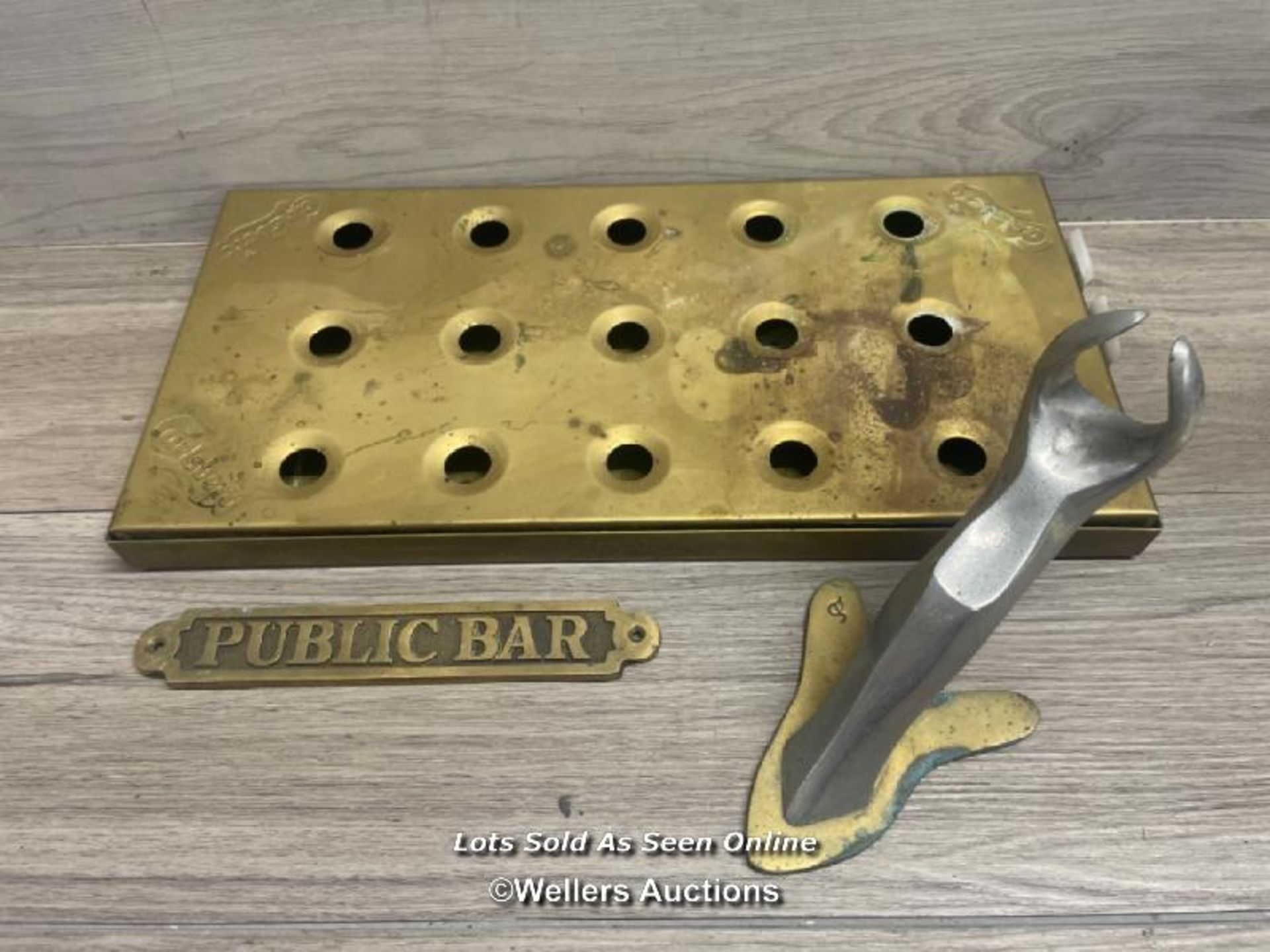 BRASS PUB DRIP TRAY, SIGN AND ONE OTHER