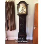 F.FORDHAM COGGESHALL LONG CASE CLOCK, CARVED OAK CASE, WITH WEIGHTS PENDULUM AND KEY, 206 X 46 X