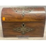 SMALL ANTIQUE WOODEN BOX IN THE FORM OF A TREASURE CHEST, WITH BRASS FINIALS, 16CM (H)