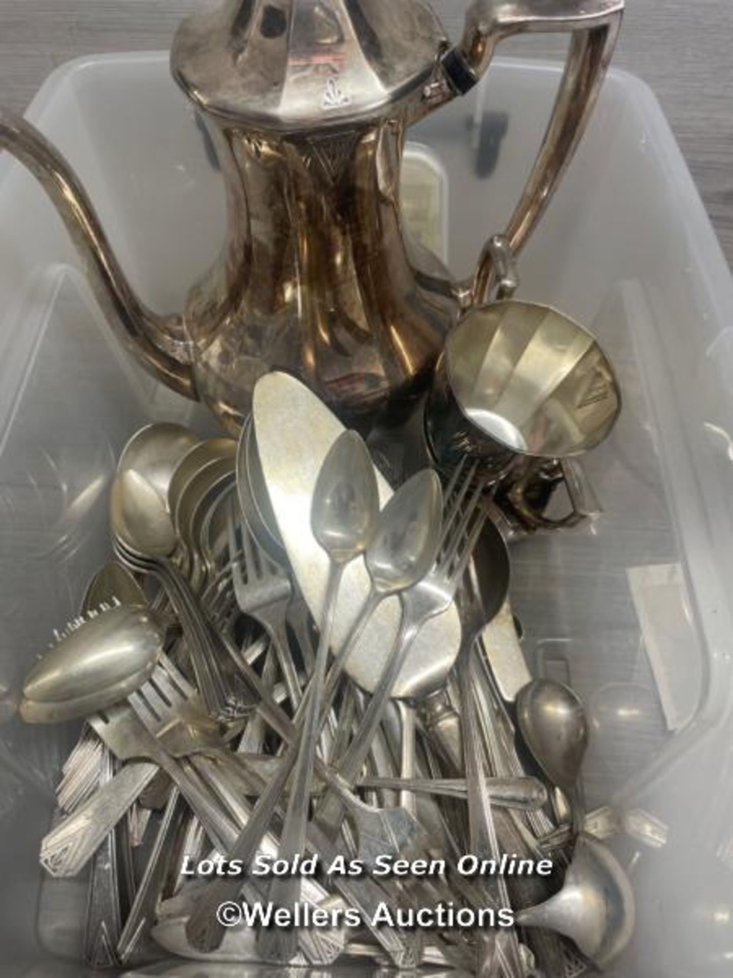 *BOX OF COMMUNITY PLATED WARE INCL. COFFEE POT AND CUTTLERY