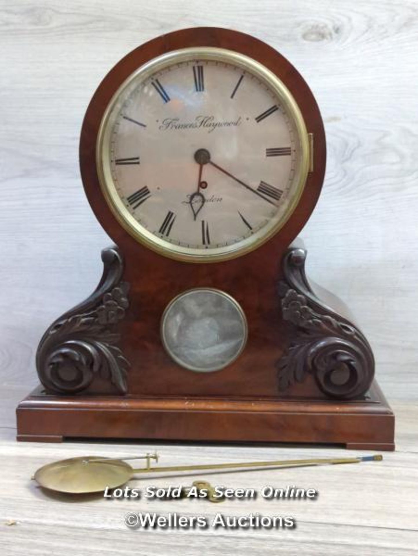 *ANTIQUE MAHOGANY SINGLE FUSEE MANTEL CLOCK BY FRANCES HAYWOOD LONDON