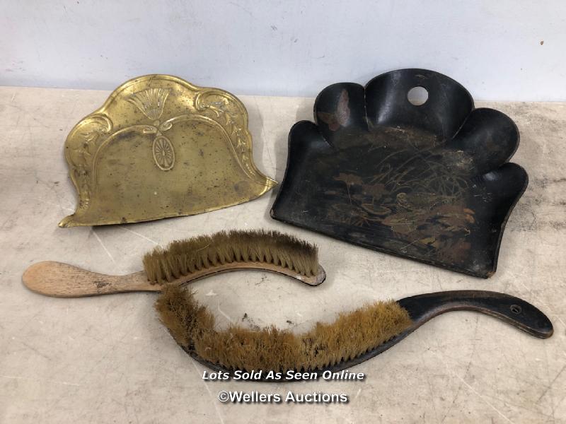 TWO DUST PAN AND BRUSH SETS, ONE BRASS AND ONE WOODEN