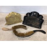 TWO DUST PAN AND BRUSH SETS, ONE BRASS AND ONE WOODEN