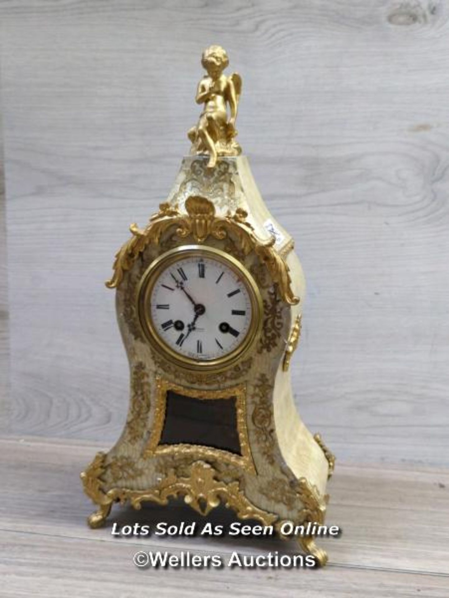 *ANTIQUE FRENCH BOULLE CLOCK RARE MOTHER OF PEARL BERGER PARIS / WITH KEY