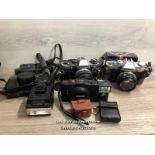 JOB LOT OF VINTAGE CAMERAS AND ACCESSORIES, INCL. OLYMPUS & CANON