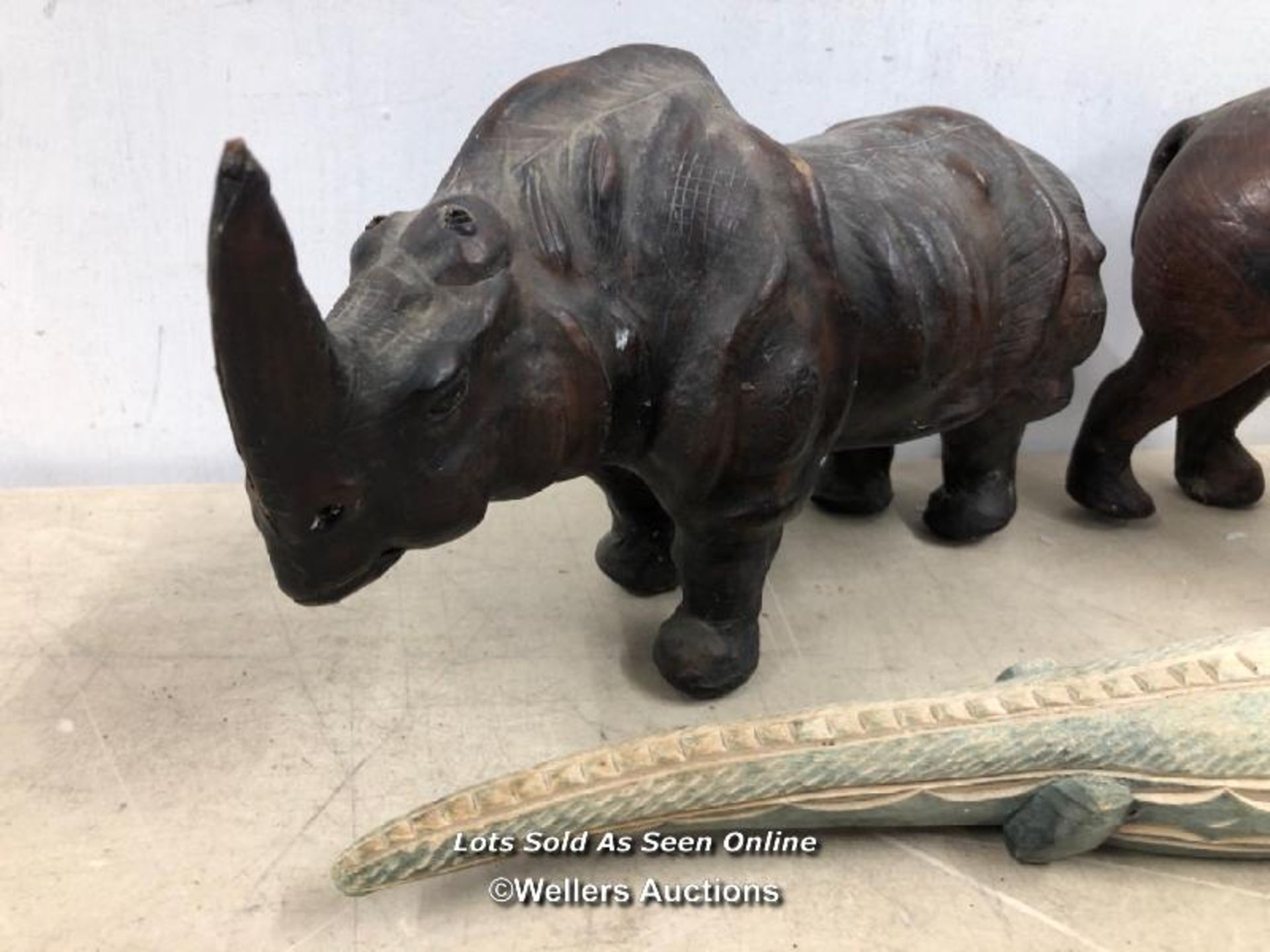 LEATHER STRETCHED RHINO & HIPPO, WITH HAND CARVED CROCODILE AND SHIELD, RHINO & HIPPO 30CM (L) X - Image 2 of 4