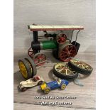 VINTAGE VIOMOC MODEL STEAM TRAIN AND SPARE PARTS WITH TWO VINTAGE CORGI DIECAST CARS