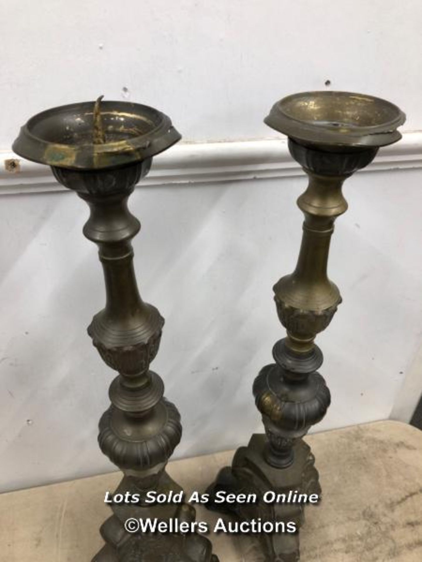 TWO TALL BRASS CANDLE STICK HOLDERS, 61CM (H) - Image 3 of 4