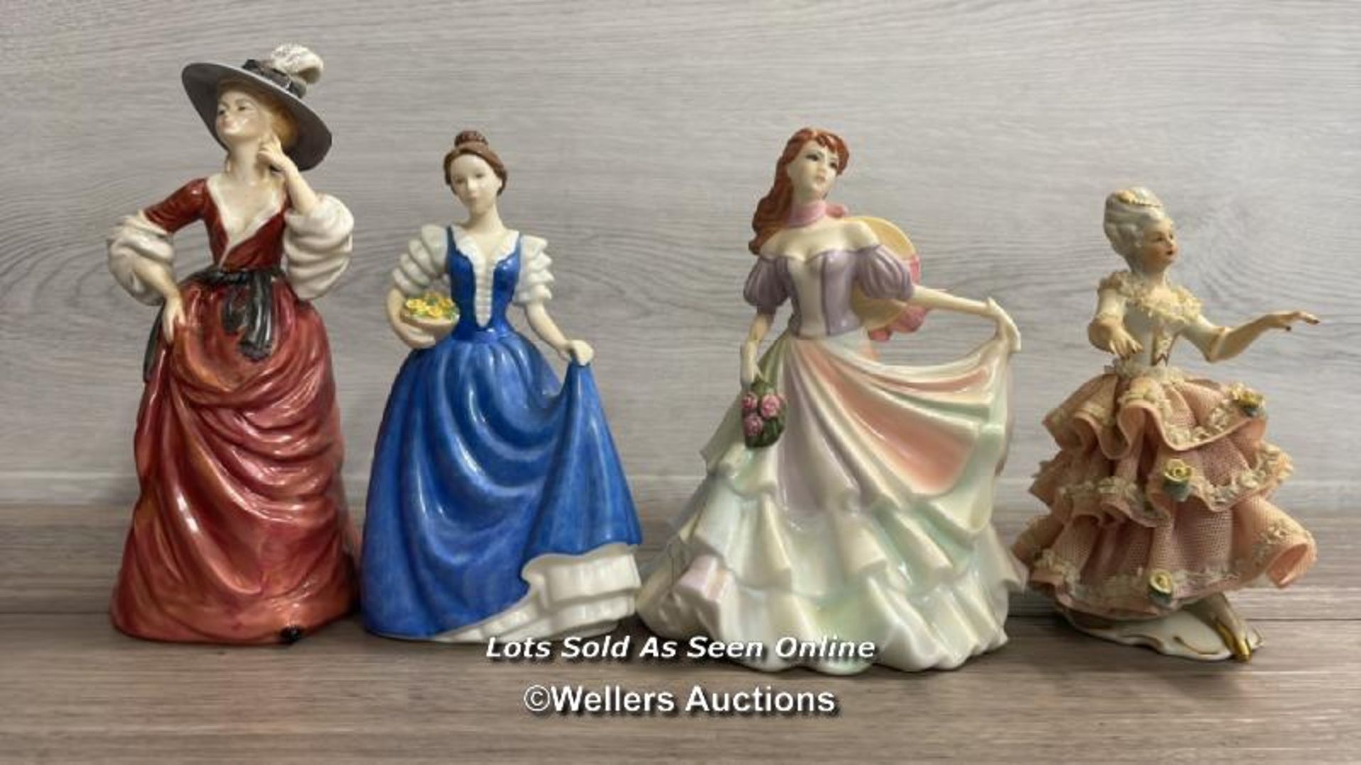 FOUR ASSORTED FIGURINES INCLUDING ROYAL DOULTON, COALPORT, FRANCESCA ART AND A DRESDEN LACE