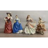 FOUR ASSORTED FIGURINES INCLUDING ROYAL DOULTON, COALPORT, FRANCESCA ART AND A DRESDEN LACE