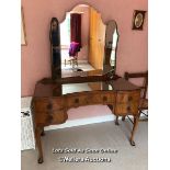 ANTIQUE FIVE DRAWER DRESSING TABLE WITH GLASS TOP AND FOLDING MIRROR, 117 X 78 X 50CM, MADE BY THE