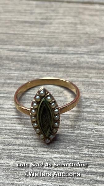 *ANTIQUE GEORGIAN 9CT GOLD, PEARL & HAIR MOURNING RING
