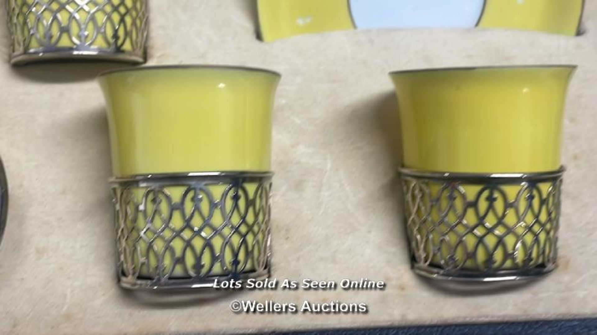 PART YELLOW COFFEE SET WITH HALLMARKED SILVER CUP HOLDERS - Image 3 of 9