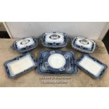LARGE BLUE AND WHITE DINNER SERVICE BY F & SONS LTD, WEIR, BURSLEM, ENGLAND, APPROX. FIFTY FIVE