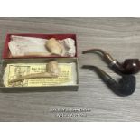 *TWO CLAY SMOKING PIPES BY JOHN POLLOCK & CO WITH TWO MORE PIPES, ONE WITH A HALMARKED SILVER NECK