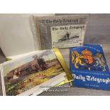 A PORTFOLO OF CUNEO RAILWAY PRINTS, REPRODUCTION TITANIC DAILY TELEGRAPH NEWSPAPER AND CORONATION