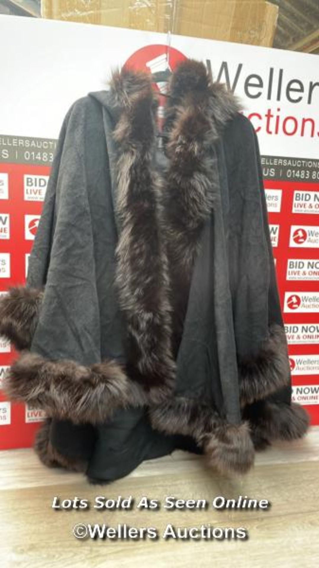 *VINTAGE WOOL AND CASHMERE HOODED CAPE WITH GENUINE FOX FUR TRIM