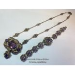 MATCHING NECKLACE & BRACELET WITH AMETHYSTS AND SEED PEARLS, CENTRAL AMETHYST MEASURES 13.5MM X 8.