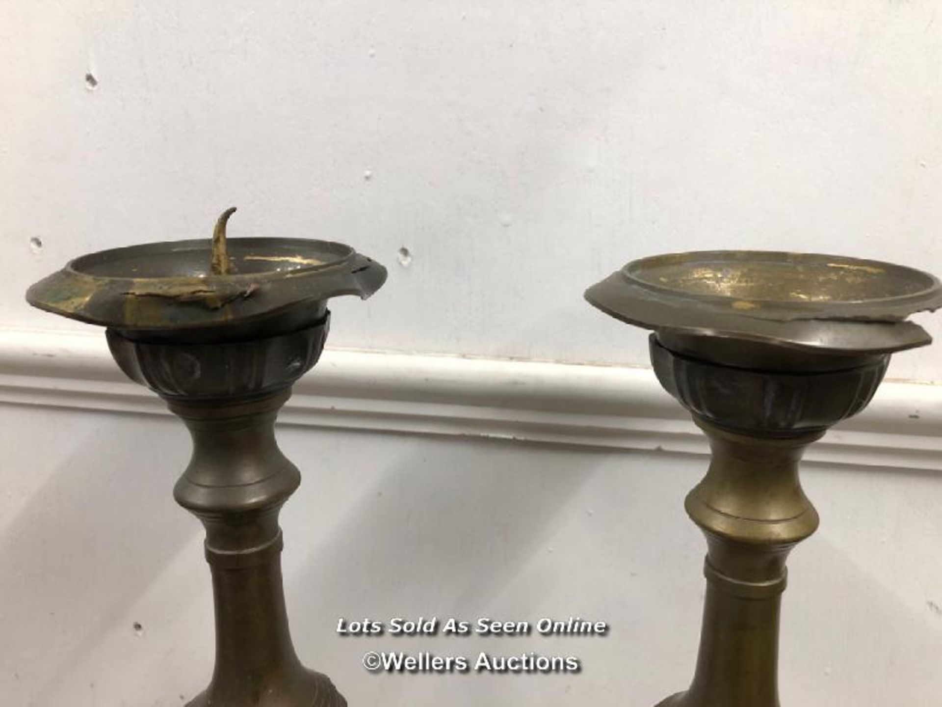 TWO TALL BRASS CANDLE STICK HOLDERS, 61CM (H) - Image 4 of 4