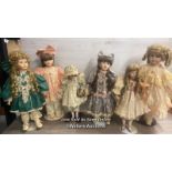 SIX PORCALAIN DOLLS ON STANDS INCLUDING ALBERON,