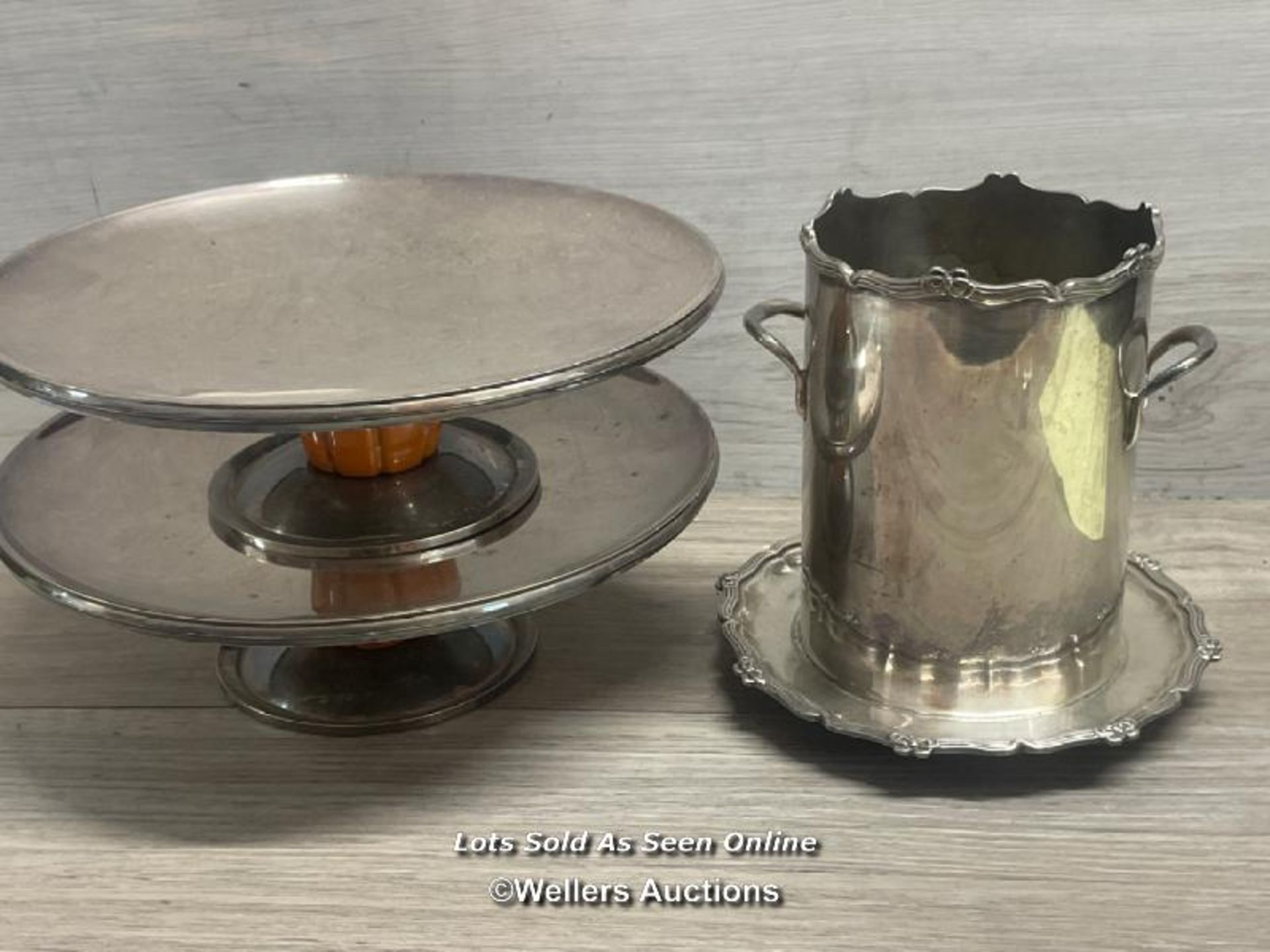 *METAL WINE COOLER AND TWO METAL CAKE STANDS